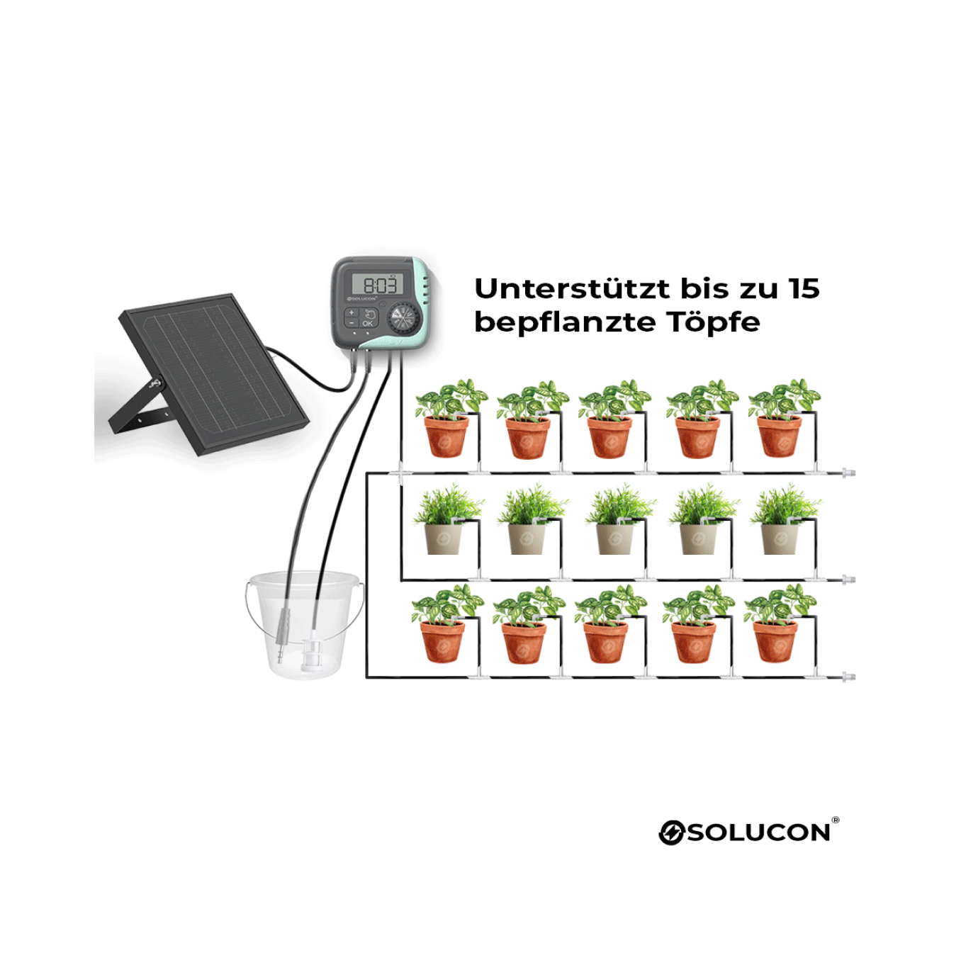 solucontech Solarbewässerungssystem – Automatische Tropfbewässerung für bis zu 15 Pflanzen